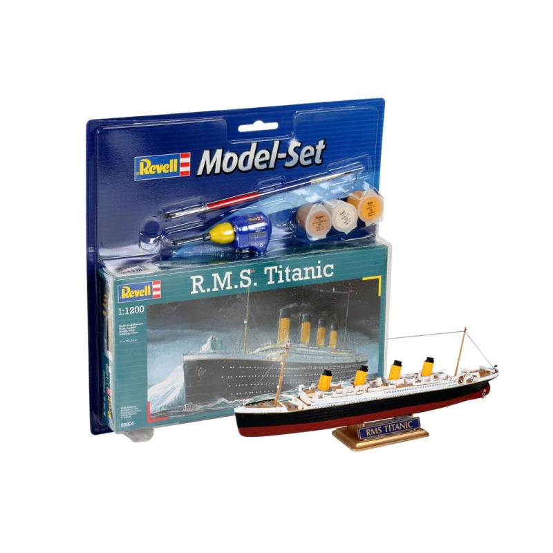 RMS Titanic Model Set - box containing the model, paints, brush and glue