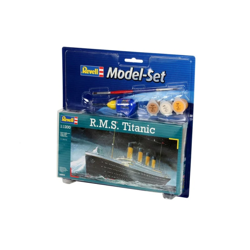 RMS Titanic Model Set - box containing the model, paints, brush and glue