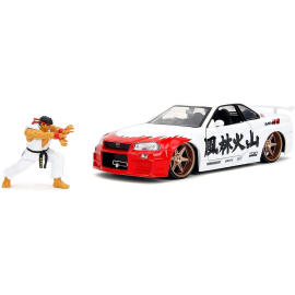 NISSAN SKYLINE GTR R34 W/RYU'S FIGURE WHITE HOLLYWOOD RIDES 1/24 